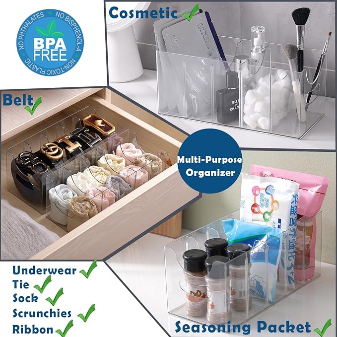Belt Organizer - Clear Stackable Belt holder for Closet and Drawer Storage - 5 Compartments with Removable Dividers, Multi-Purpose Display Bins With Inserts For Ties, Socks, underwear (1)