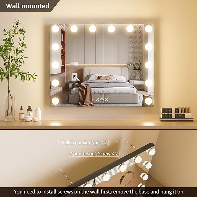 Vanity Mirror with Lights Lighted Makeup Mirror with Dimmable LED Bulbs,3 Color Lighting Modes,USB Charging Port Touch Control,Sturdy Metal Frame Design,Black (50x40cm, 4.70)