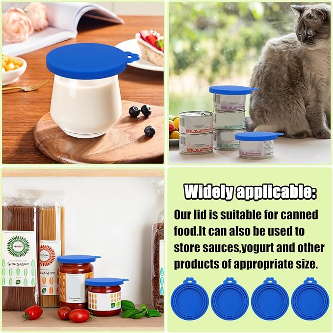 PINE & LINEN 4 Pcs Durable Pet Can Lids,One fit 3 Standard Size Silicone Waterproof Cat Food Cans Lids for 3oz/5.5oz/12.5oz/13.2oz Cat Food Cans（Blue）