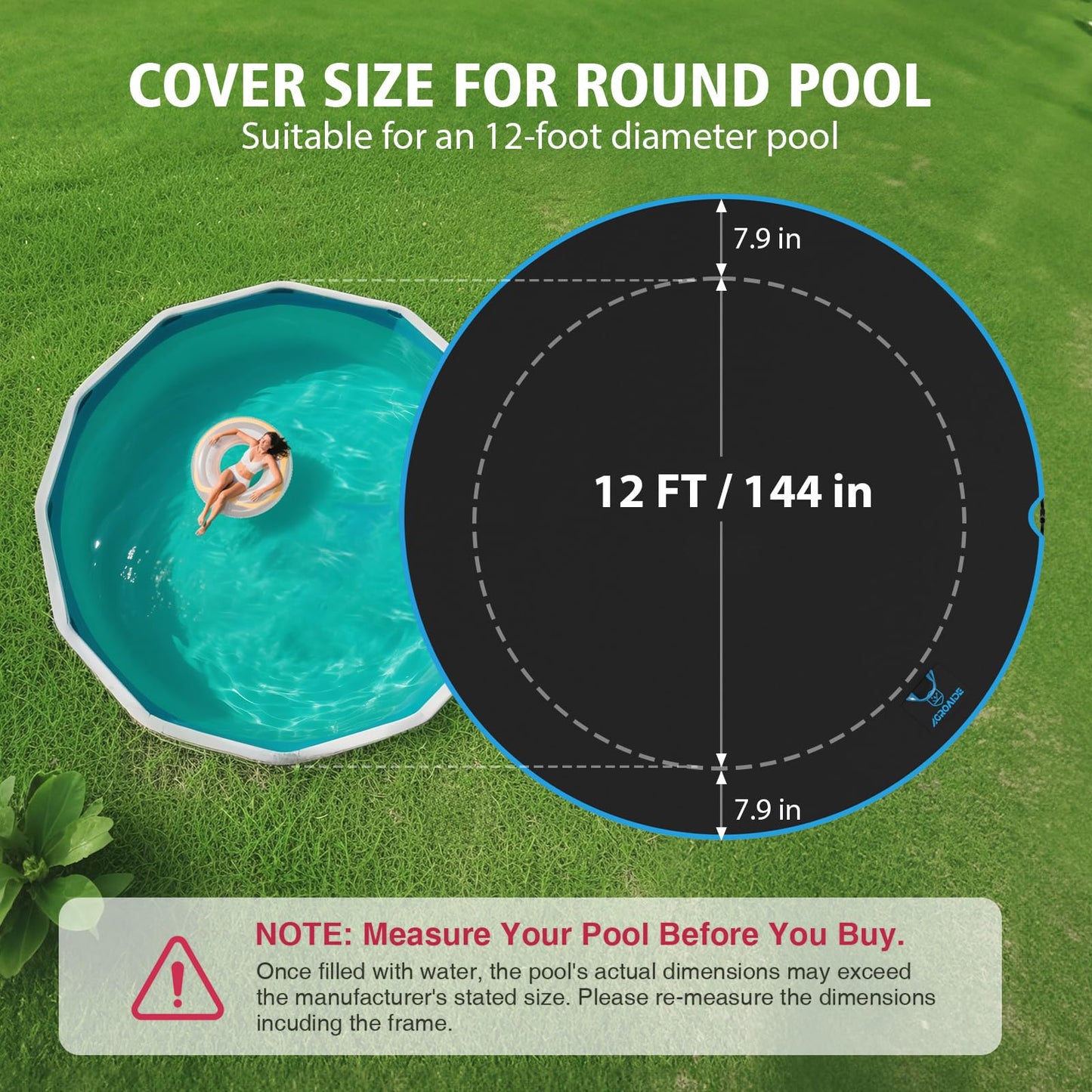 AGROAIDE Pool Cover 12ft Round, Upgraded Tear Resistance & Seamless Side Design, All Season Protection - Snug Fit & Easy Set
