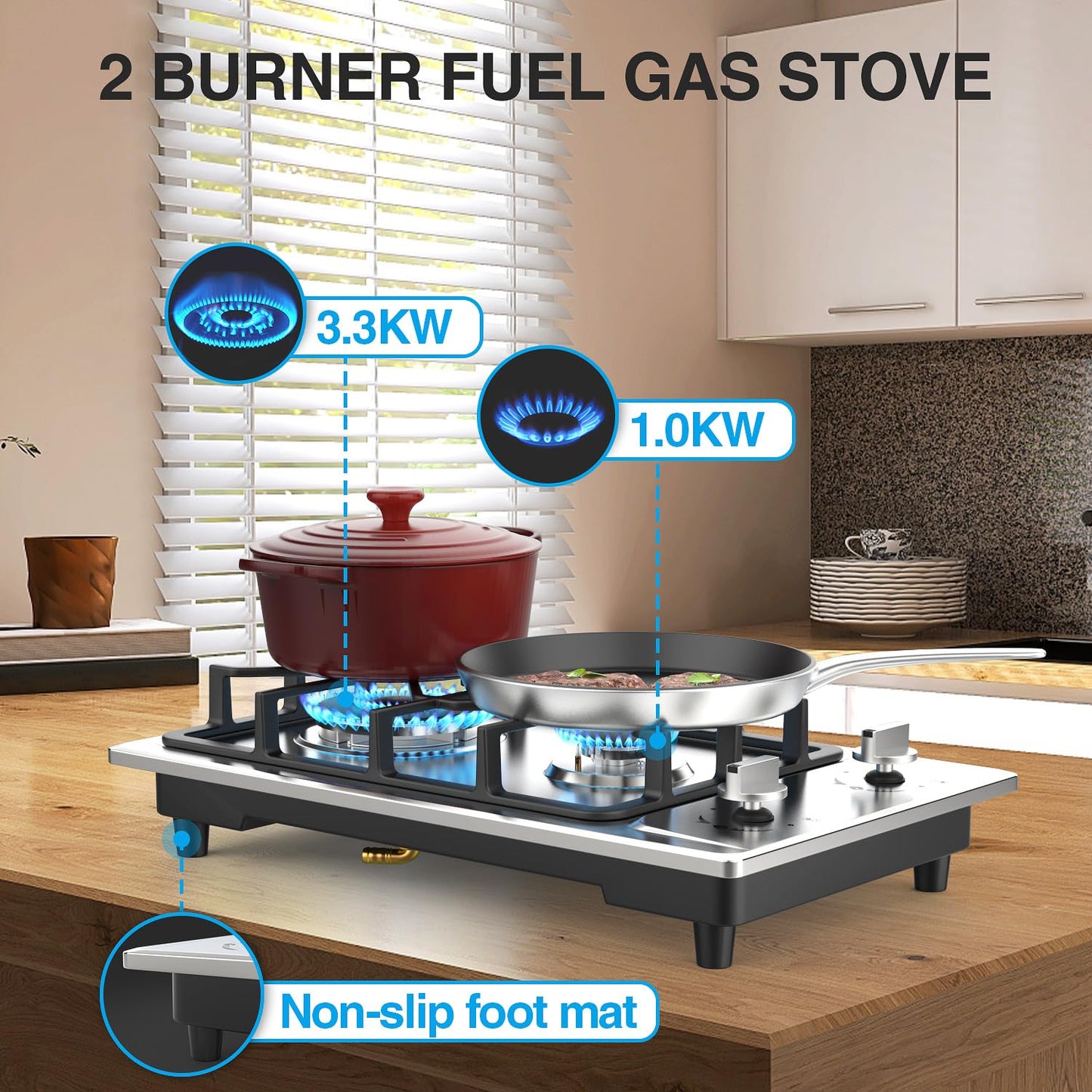 Gas Cooktop Stove 2 Burner, ANHANE 12 Inch Portable Stainless Steel LPG/NG Dual Fuel, Built-in Gas Stove, Ideal for RVs, Apartments, and Outdoor for Cooking