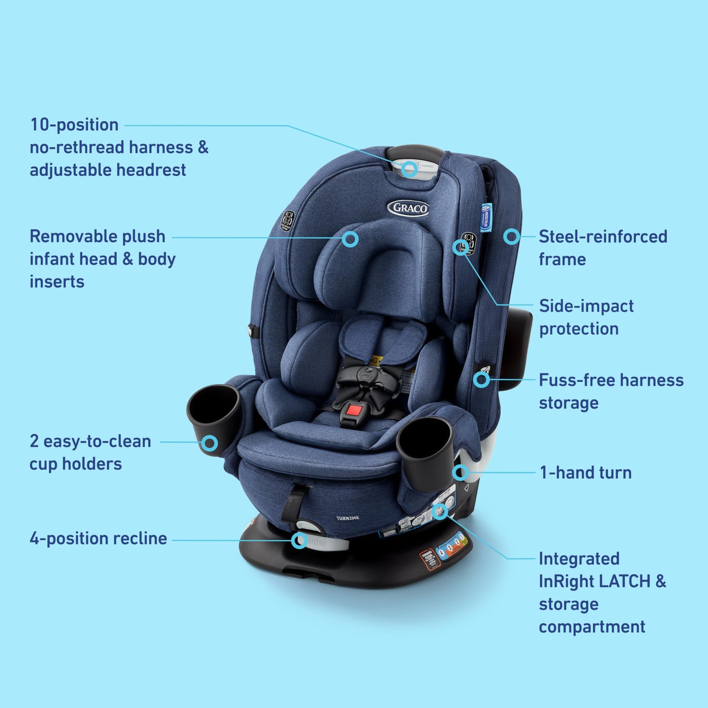Graco Turn2Me 3-in-1 Rotating Convertible Car Seat, Brighton, Rear-Facing Rotation Only, Forward-Facing Mode, Highback Booster Up to 100 lbs, Adjustable Headrest & Harness, Steel Reinforced Frame