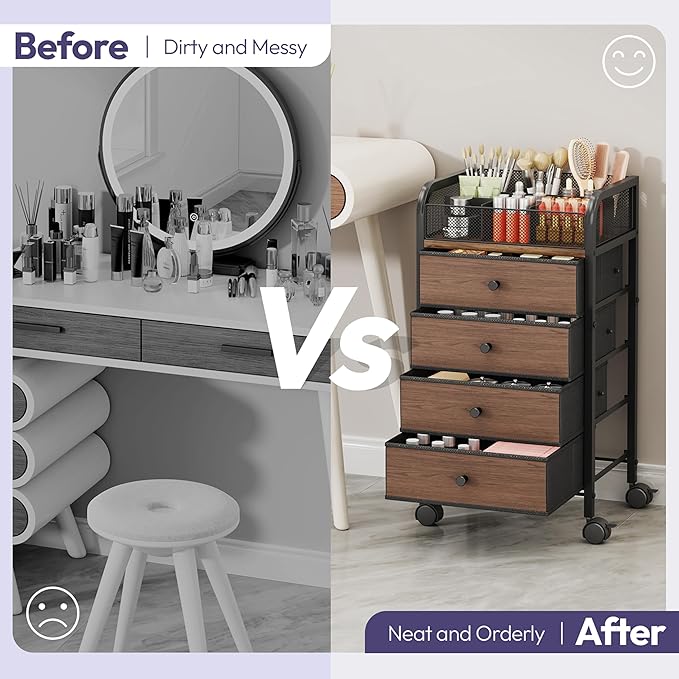 SWTYMIKI Rolling Makeup Organizer Cart - 14.96Ã¢ÂÂ³*11.81Ã¢ÂÂ³*27.55Ã¢ÂÂ³ Widened Under Desk Vanity Storage with 4 Non-woven Drawers, Cosmetic Display Cases for Skin Care Perfume Nail Polish Brush Hair Tool Black