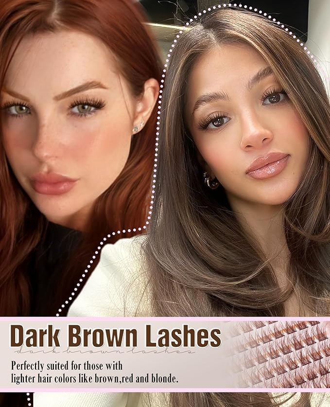 Cluster Lashes Brown Eyelash Clusters Natural Individual Lashes Extensions Fluffy Lash Clusters Wispy Cluster Eyelash Extensions DIY Lash at Home Easy to Apply Dark Brown Lashes (10-16MM, CC-Curly)