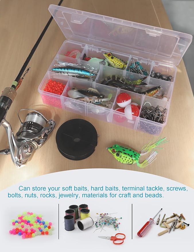 Hlotmeky Plastic Organizer Box with Dividers - Bead Organizer, 15 Large Grids, Clear Snack Box Container