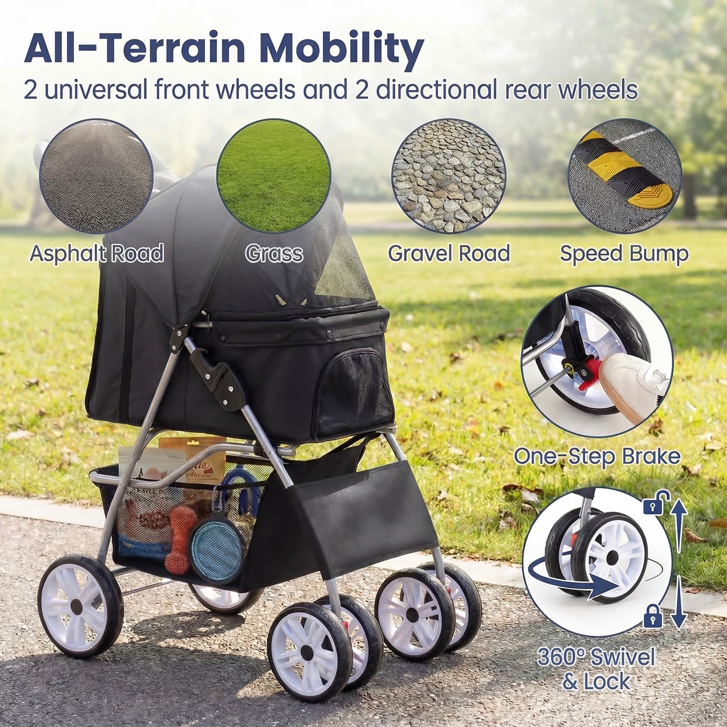 Giantex Foldable Pet Stroller for Small Dogs & Cats, Lightweight Dog Stroller with Lockable Wheels, One-Hand Quick Fold, Adjustable Canopy, Safety Leash & Storage Basket, Pet Travel Stroller, Black