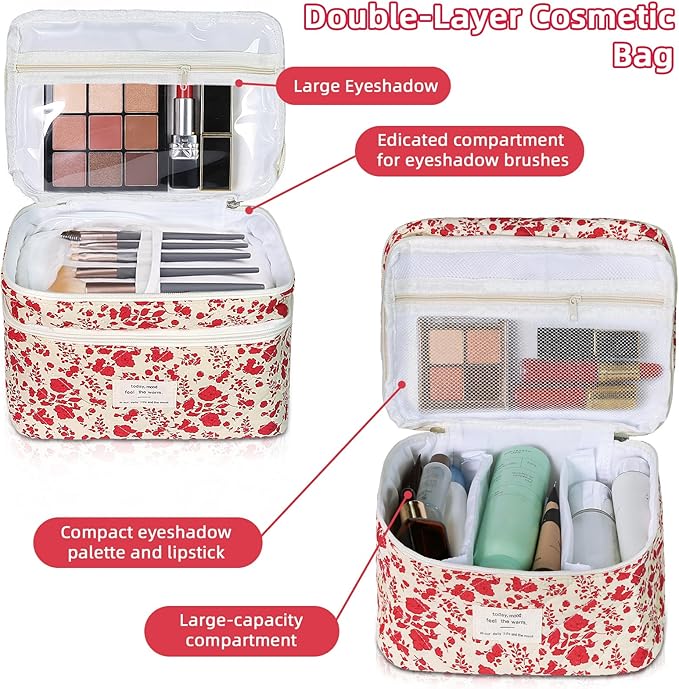 Makeup Bag, Portable Travel Make up Bag, Large Capacity Quilted Cosmetic Organizer Bag, Cute Floral Toiletry Bag for Women Girls (Bright Pink Rose)