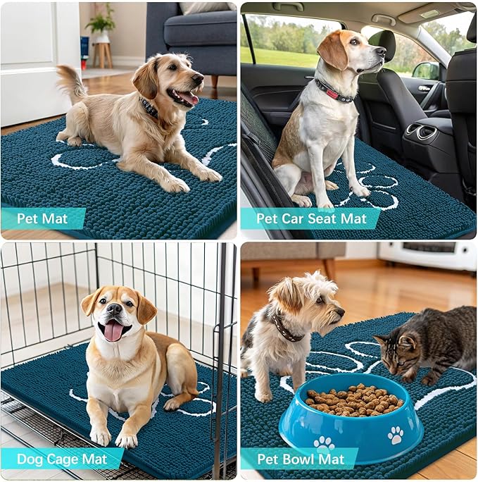 OLANLY Dog Door Mat for Muddy Paws 40x32, Paw Print Design, Absorbs Moisture and Dirt, Absorbent Non-Slip Washable Doormat, Quick Dry Chenille Mud Mat, Entry Indoor Entryway Carpet, Atlantic Blue