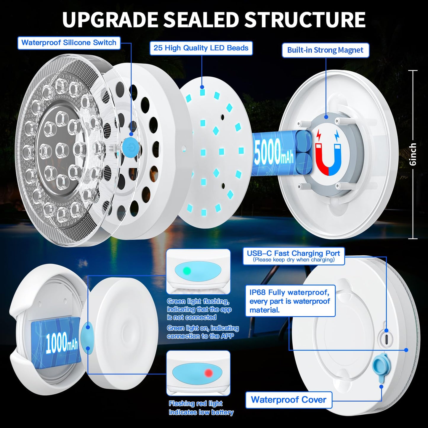 VIDOME Rechargeable Submersible Pool Lights - Waterproof Underwater Pool Lights Charging Battery Operated Remote Controlled 16 Color Changing Hot Tub Lights with Magnet for Pool Pond