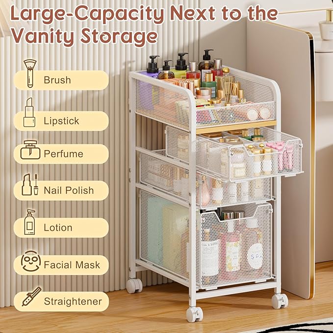 Hongtamoya Rolling Makeup Cart Organizer with 3 Drawers, Narrow Floor Skincare Organizers, Vanity Organizer Cosmetics Display Cases Holder for Skin Care Nail Polish Perfume Makeup Brush, White