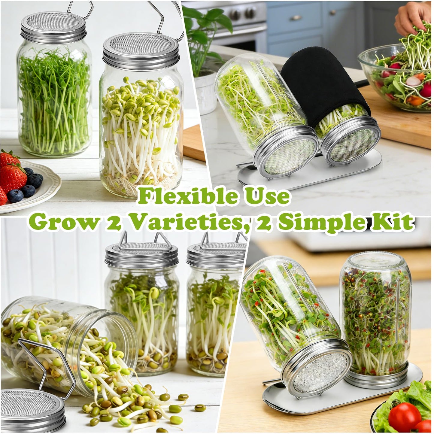 Palksky Sprouting Kit with Stainless Steel Screen Sprouting Lids & Glass Mason Jars & Light-Blocking Sleeves, 2Pack Premium Reusable Sprouts Growing Kit for Organic Broccoli Alfalfa Seeds Bean Sprouts
