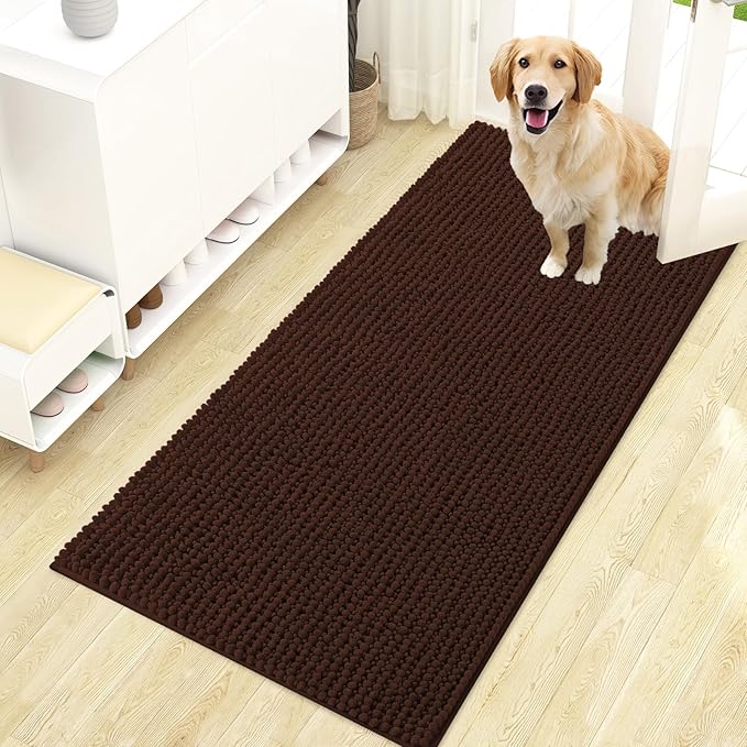 OLANLY Dog Door Mat for Muddy Paws 47x24, Ultra Absorbent Chenille Mud Doormat, Non-Slip Washable and Dirt Trapping Doormat for Indoor Entryway, Quick-Dry Indoor Pet Bed Mats for Dogs, Brown