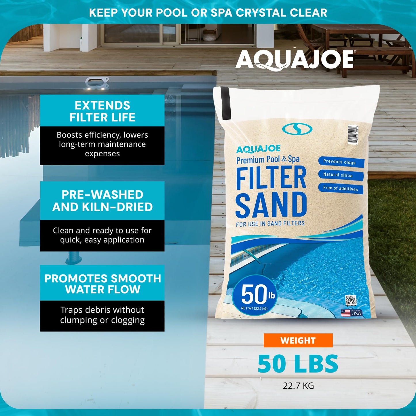 Aqua Joe Premium Pool and Spa Filter Sand, Natural Silica, 50 Lb Bag - Above Ground and Inground Swimming Pool System Accessory for Care, Cleaning, and Maintenance, FLTSAND50