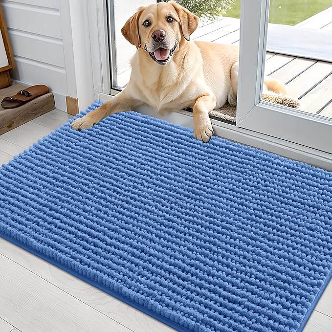 OLANLY Dog Door Mat for Muddy Paws 36x24, Ultra Absorbent Chenille Mud Doormat, Non-Slip Washable and Dirt Trapping Doormat for Indoor Entryway, Quick-Dry Indoor Pet Bed Mats for Dogs, Cornflower Blue
