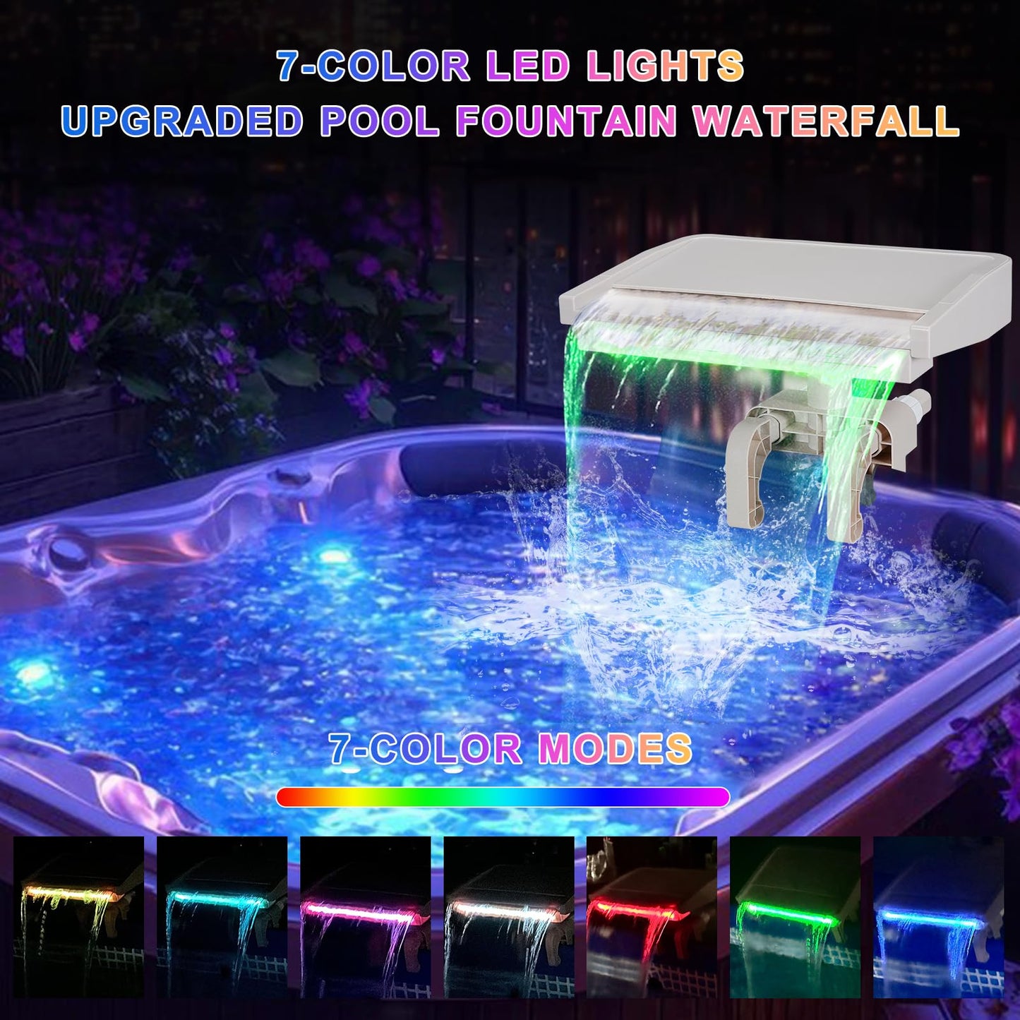 Pool Fountain Waterfall for Above Ground Pools, Swimming Pool Attachment Accessories, Relaxing Cascade Soothing Waterfall, Fits Various Frame Pools (with 7 LED Light)