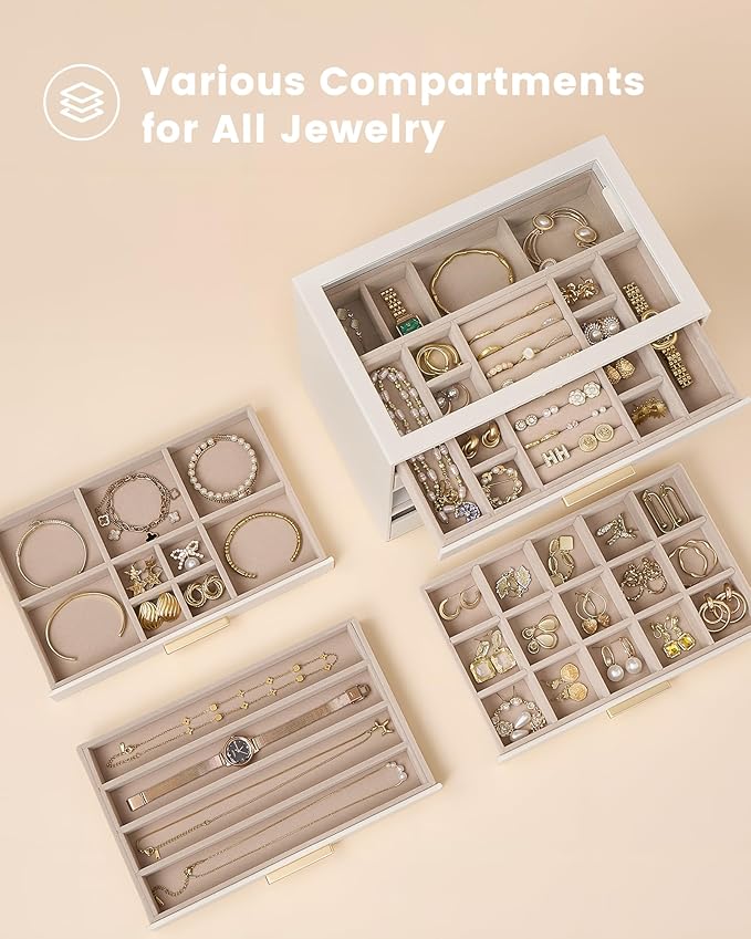 Lolalet Jewelry Box Organizer, 6-Layer Jewelry Organizers and Storage Case with Glass Lid, Ring Earring Bracelet Necklace Holder Organizer, Birthday Valentine Gifts for Women Girls -6Layer, Beige