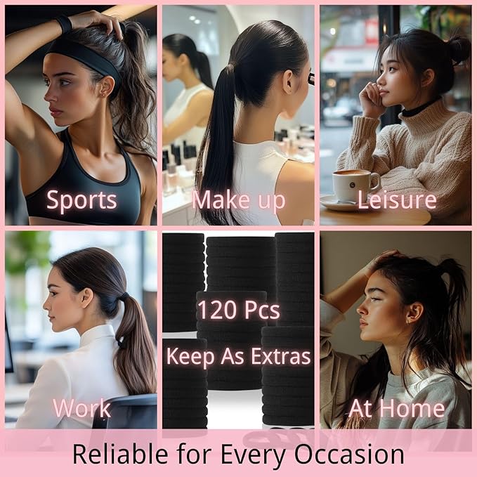LuSeren 120PCS Black Hair Ties for Thick Hair Ã¢ÂÂ Seamless No Damage Elastic Ponytail Holders, Black Hair Band,Bulk Nylon Hair Elastics for Women