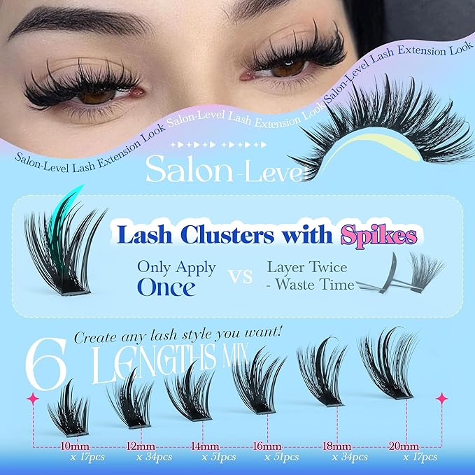 CORUSCATE Spiky Lash Clusters Kit 120D Volume Cluster Eyelash Extensions Mink Strip Lashes Spikes Mega Style Lash Extension Kit 14-22mm Eyelash Clusters Long Individual Lashes with Lash Cluster Glue