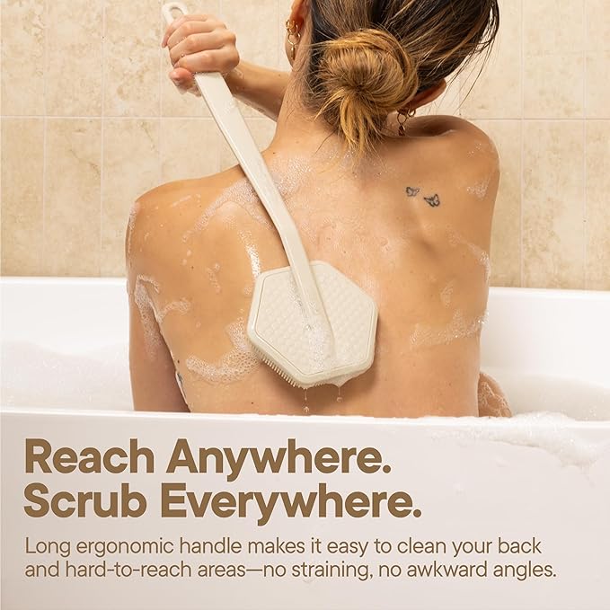 TOOLETRIES Silicone Back Scrubber for Shower, Exfoliating Body & Bath Brush, Long Ergonomic Handle, Non-Slip Grip for Hard-to-Reach Areas, Hygienic Silicone Bath Accessory for Men & Women - Sand