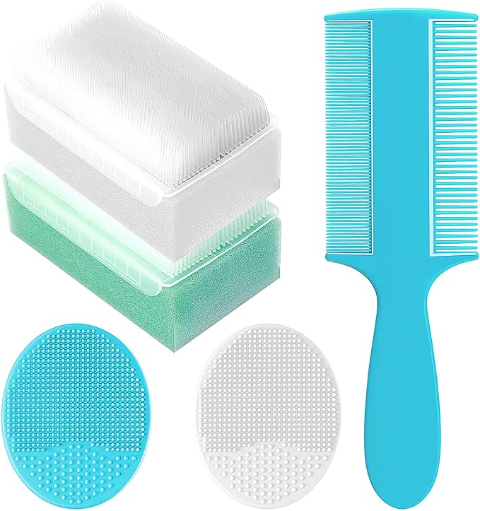 Cradle Cap Brush for Babies, Set of 5 Baby Bath Essentials with Bath Sponge Silicone Scrubber Long Handle Comb for Newborns Toddlers Boys Girls (Green)