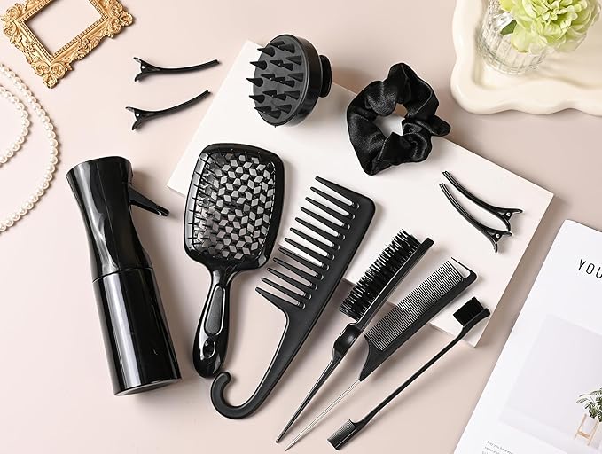 12 Pcs Hair Styling Brush Set with Detangler, Teasing, Rat Tail, Edge Brushes and Baby Hair Brushes - Soft Bristles for Baby Girls and Women (Black)