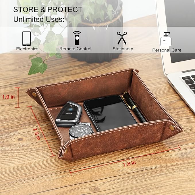 SITHON Valet Tray Desktop Storage Organizer Ã¢ÂÂ Premium PU Leather Catchall Bedside Vanity Tray Nightstand Caddy Holder for Keys, Phone, Wallet, Coin, Valentine's Day Gift, Brown