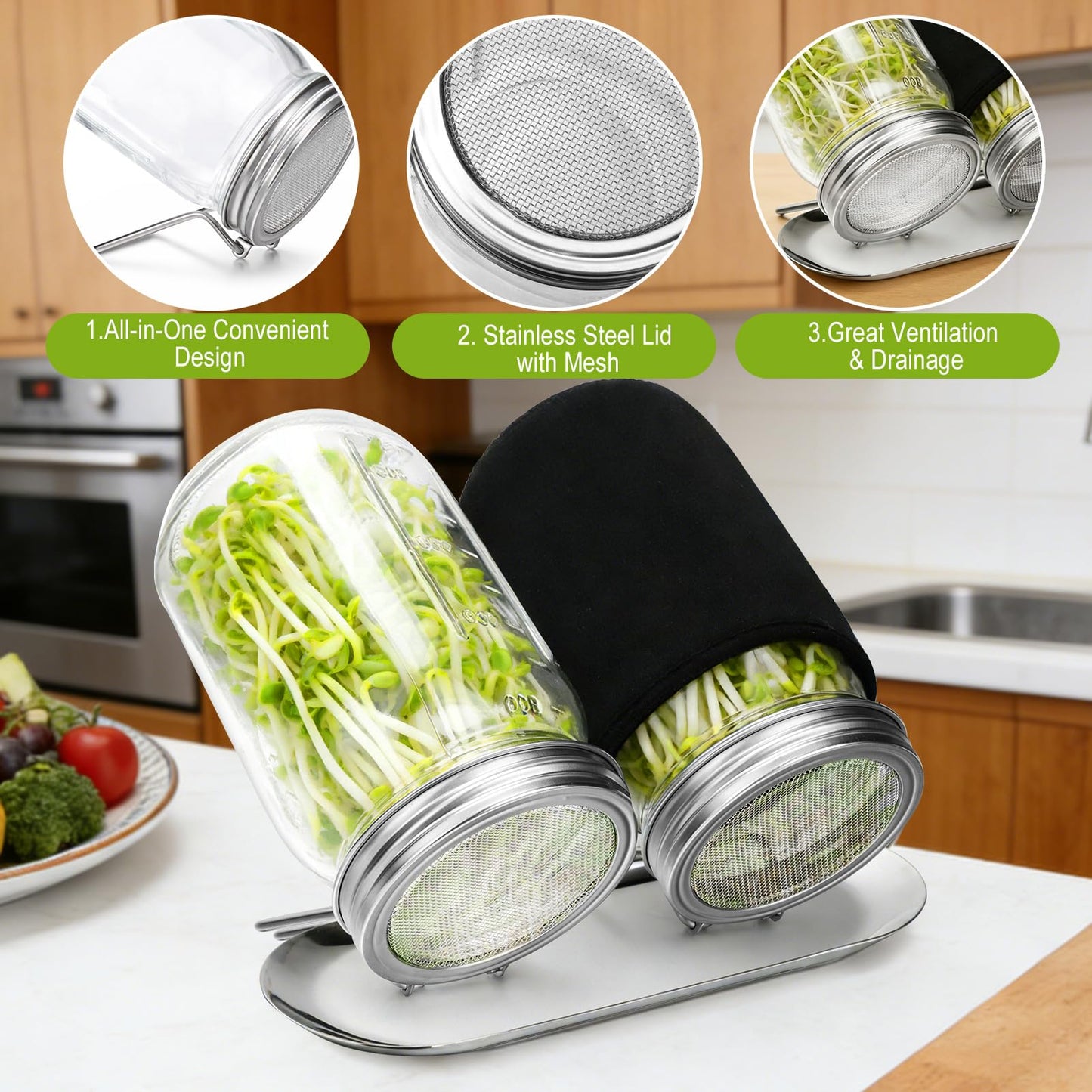 Palksky Sprouting Kit with Stainless Steel Screen Sprouting Lids & Glass Mason Jars & Light-Blocking Sleeves, 2Pack Premium Reusable Sprouts Growing Kit for Organic Broccoli Alfalfa Seeds Bean Sprouts