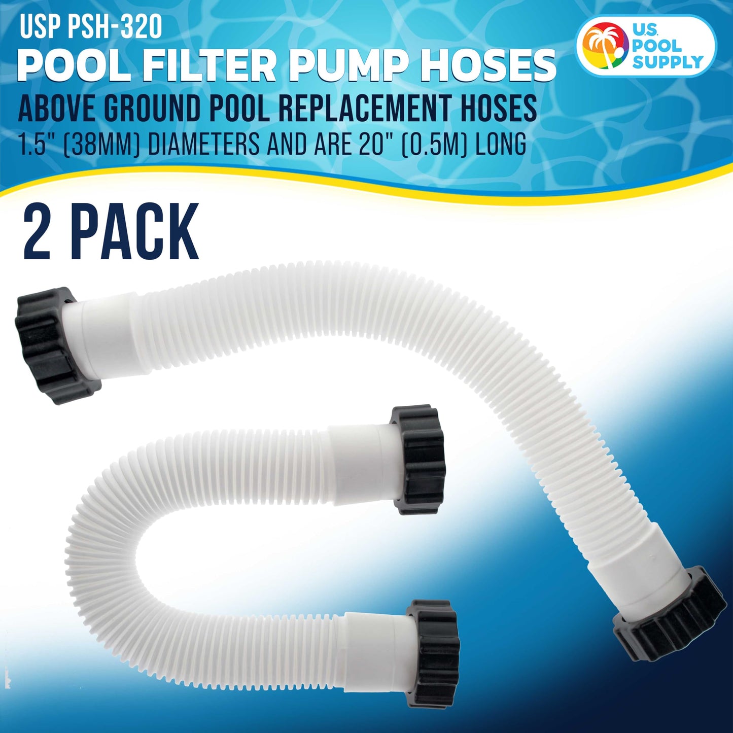 U.S. Pool Supply Above Ground Pool Hose Replacement 1.5" Diameter x 20" Long, Pack of 2 - Compatible with Intex Pool Filter Pump Hoses, Sand Filters, Saltwater Systems with 1,500 to 2,500 GPH