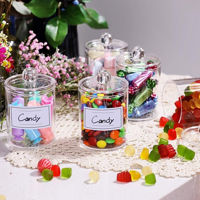 AOZITA 4 Pcs, Acrylic Qtip Holder Dispenser for Cotton Swab, Ball, Round Pads, Floss Picks - Clear Plastic Apothecary Jar Set for Bathroom Canister Storage Organization, Vanity Makeup Organizer