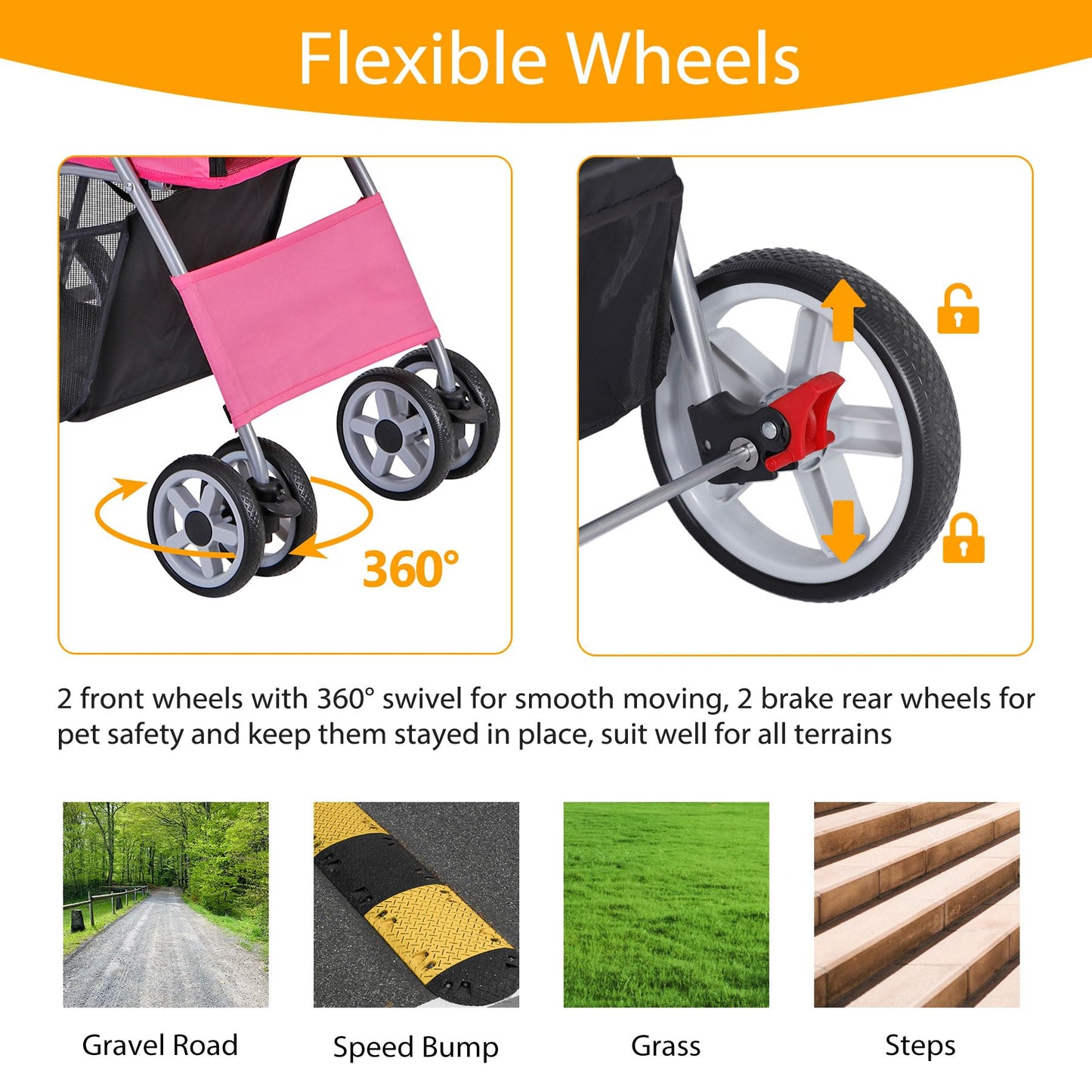 Epetlover 4 Wheels Dog Stroller Folding Pet Strolling Cart for Small Medium Cats Puppies Portable Jogger Travel Camping Puppy Carrier with Storage Basket Cup Holder, Pink