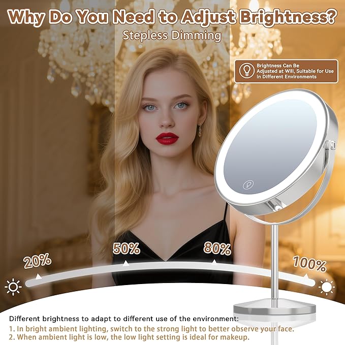 9" Magnifying Mirror with Light 1X/10X, Makeup Mirror with Light includes small mirror, 2000mAh Rechargeable, 360° Rotation, 3 Color Modes, Double-Sided, Ideal for Eyebrows, Lenses & Skincare