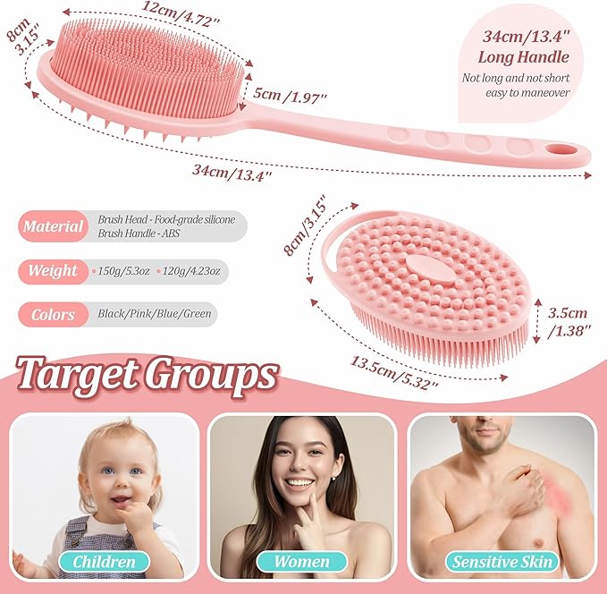 Silicone Back & Body Scrubber Set 2PCS, 13.4'' Gentle Exfoliating Back Scrubber with Dual-Side Head and Non-Slip Handle, Hygienic Silicone Loofah with Soft Bristles and Massage Dots(Pink-2PC)