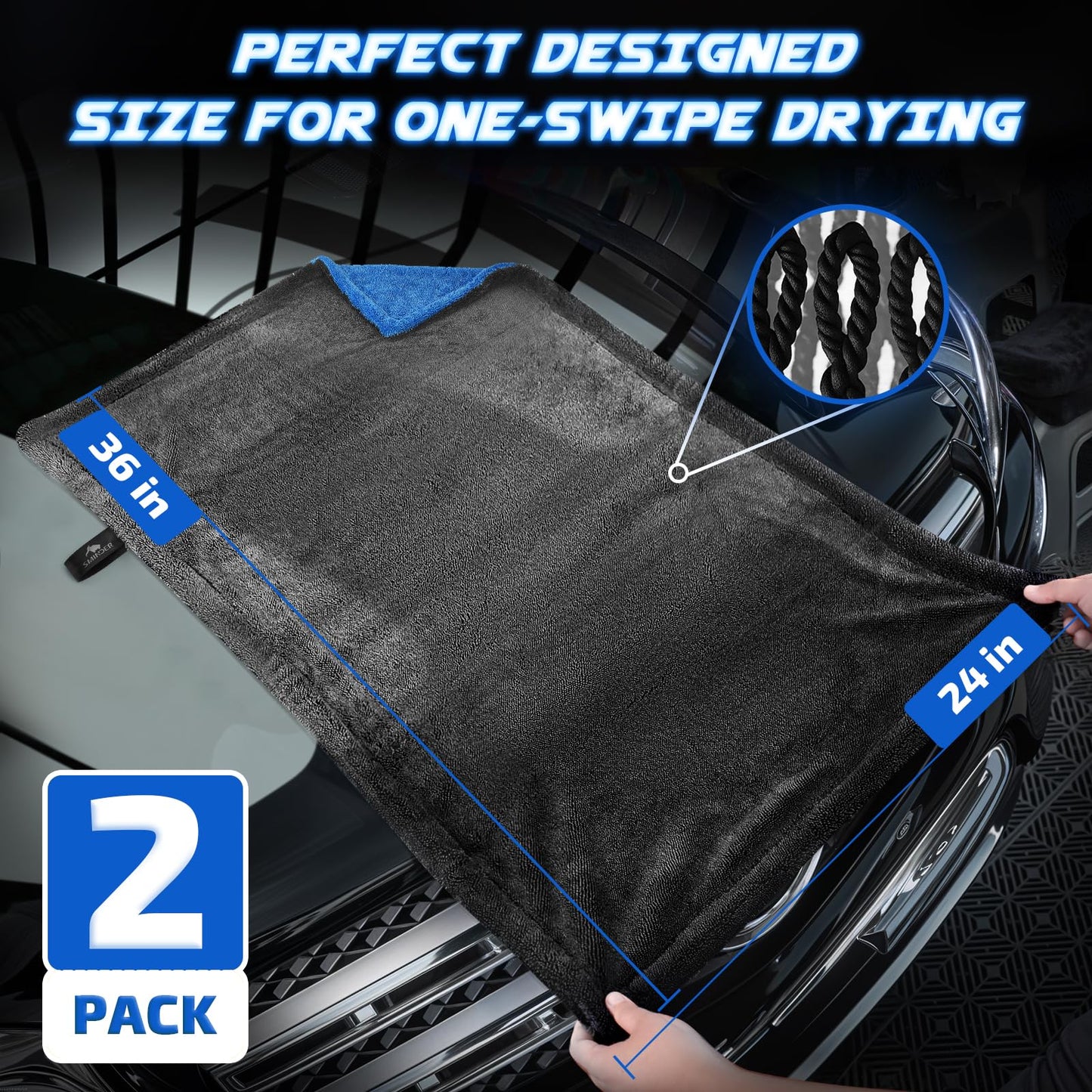 SMINDER 2-Pack 1200 GSM Car Drying Towels – Microfiber Towels for Cars (36" x 24"), Ultra-Absorbent, Streak-Free, Scratch-Free, No Water Spots, Double-Twist Pile & Edgeless Design(Blue)