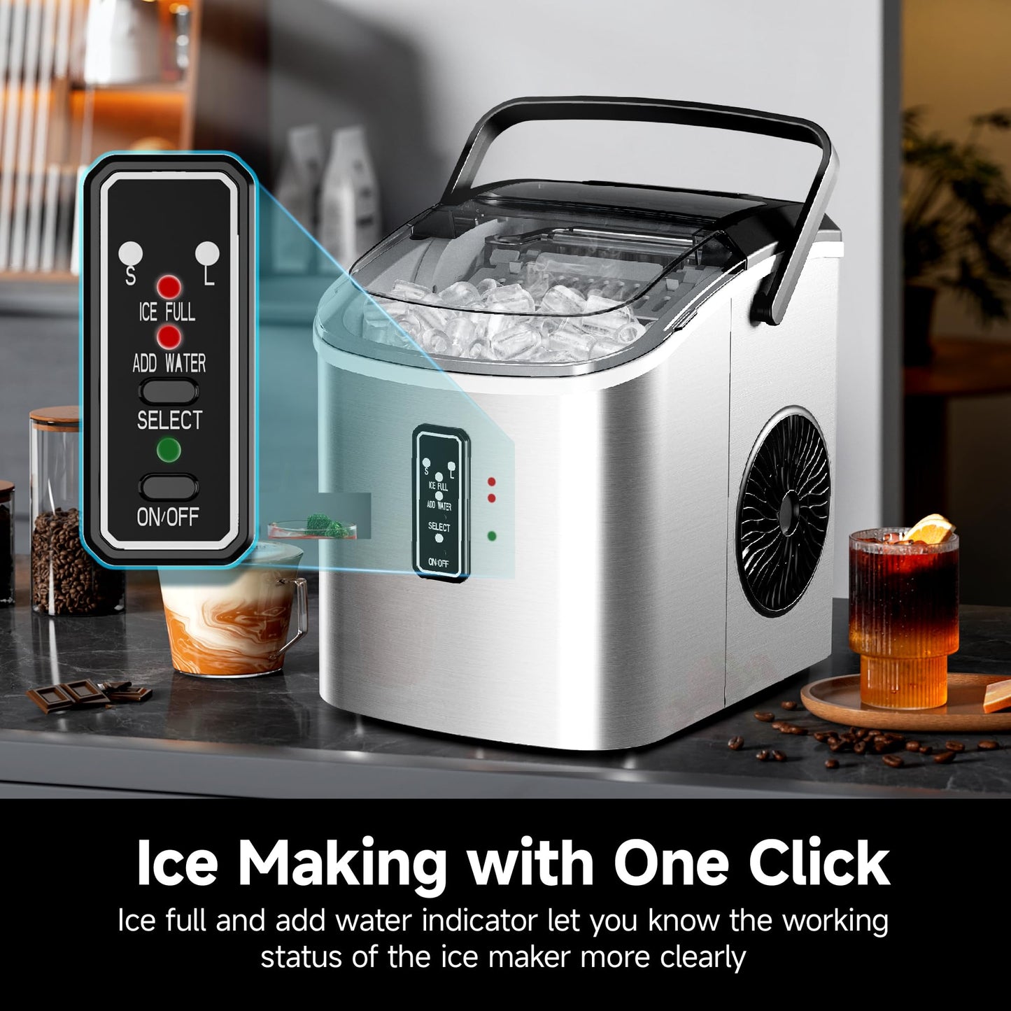 EUHOMY Ice Maker Countertop with Carry Handle, 9 Cubes Ready in 6 Mins, 26.5lbs/24H, Self-Cleaning, 2 Sizes of Bullet Ice with Basket and Scoop, Portable Ice Maker Machine for Home, Kitchen, Office