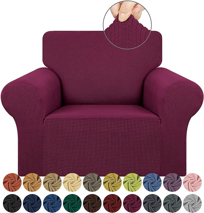KEKUOU Stretch Single Sofa Slipcover 1 Piece Couch Sofa Cover (31"-55") Furniture Protector 1 Seater Sofa with Elastic Bottom for Kids,Pet.Jacquard Small Checked Pattern Fabric(Small,Wine)