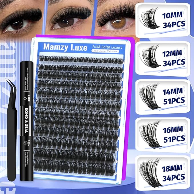 Fluff Lash Clusters Kit 100D Individual Lashes Clusters 10-18MM Eyelash Clusters Kit Dramatic Full Volume False Eyelashes 3D Luxury Cluster Eyelash Extension Kit by MAMZY LUXE