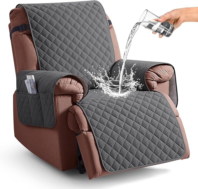 KinCam 100% Waterproof Recliner Chair Cover, Reclining Couch Covers for Pets, Dogs, Recliner Couch Slipcover Furniture Protector with Elastic Straps for Kids(25", Charcoal Gray)