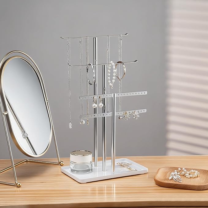 pickpiff Silver Jewelry Stand Holder Organizer: 14.5" Sturdy Hanger for 80 Pcs Jewelry, Jewlery Tower for Display Necklace, Earring, Bracelet, Watch