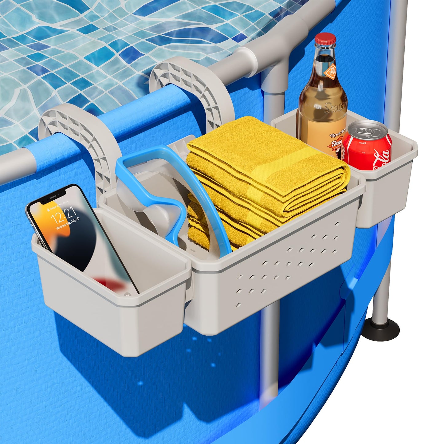 SHAPON 2026 Upgrade Poolside Storage Basket with 2 Cup Holders, Pool Drink Holder Stretchable Organizer for Drinks & Pool Supplies, Perfect Above Ground Pool Accessories for Most Frame Swimming Pools