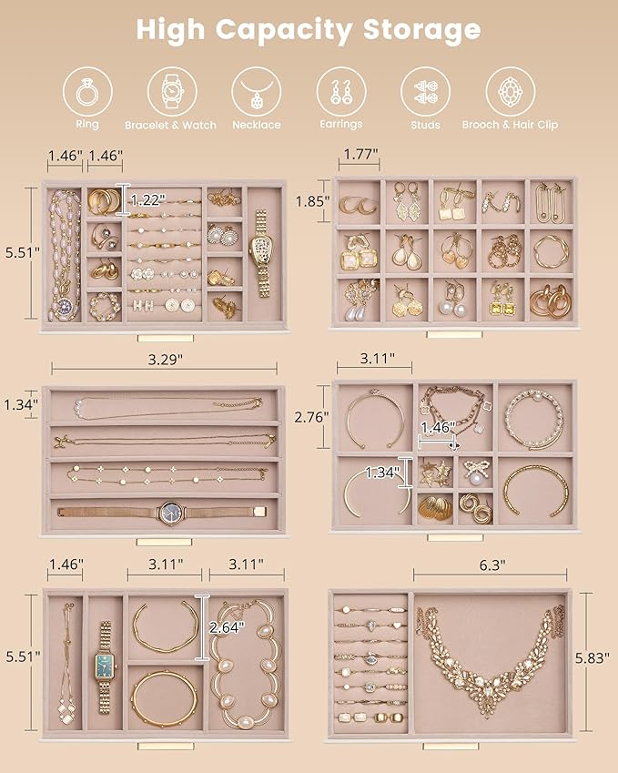 Lolalet Jewelry Box Organizer, 6-Layer Jewelry Organizers and Storage Case with Glass Lid, Ring Earring Bracelet Necklace Holder Organizer, Birthday Valentine Gifts for Women Girls -6Layer, Beige