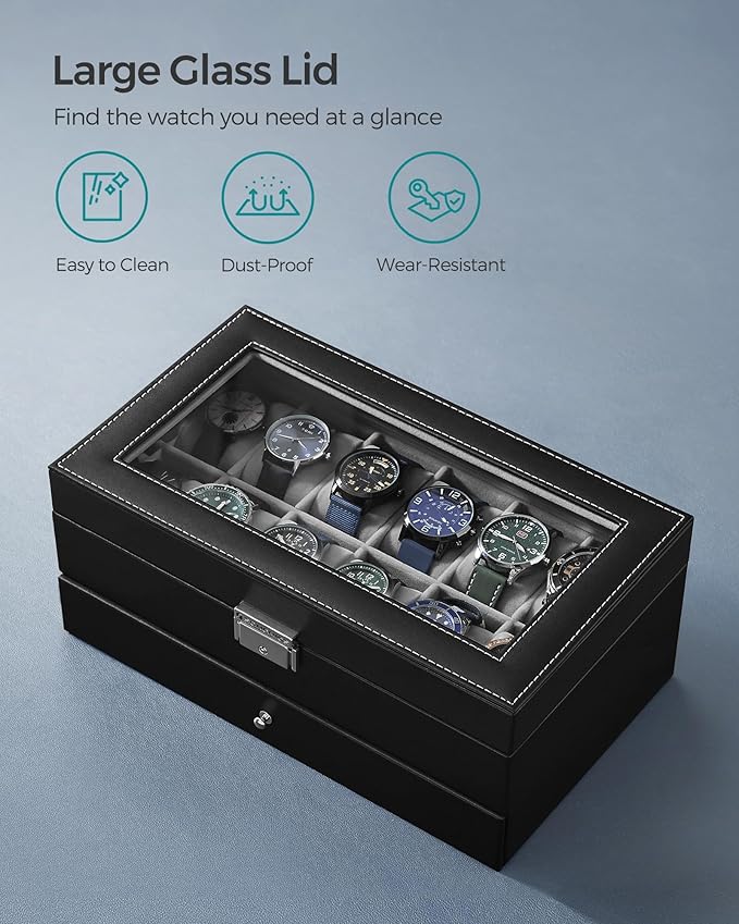 SONGMICS Watch Box, 12-Slot Watch Case Organizer with Large Glass Lid, 2 Layers, Removable Pillows, Metal Lock, Gift for Loved Ones, Black Synthetic Leather, Gray Lining UJWB012