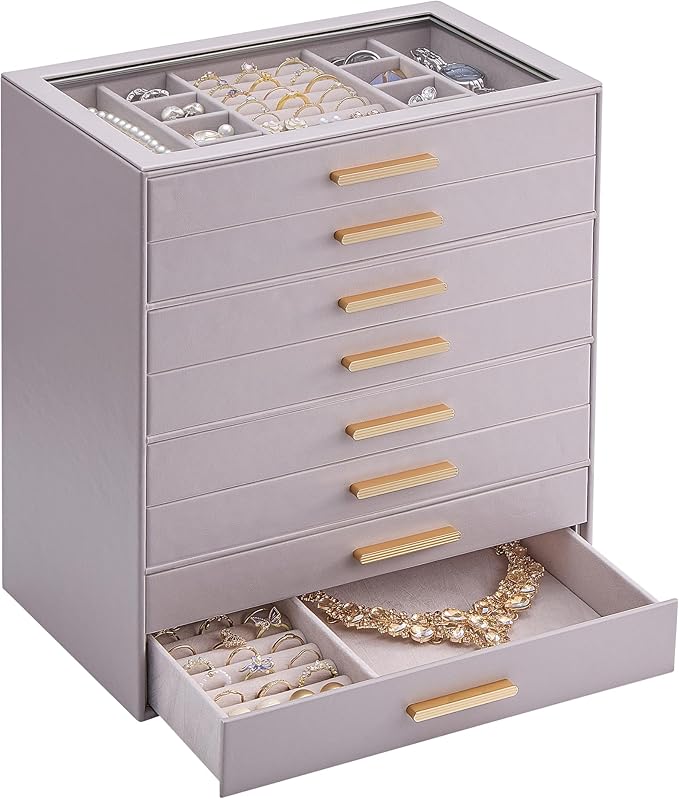 Lolalet Jewelry Box Organizer, 8-Layer Jewelry Organizers and Storage Case with Glass Lid, Ring Earring Bracelet Necklace Holder Organizer, Birthday Valentine Gifts for Women Girls -8Layer, HazePurple