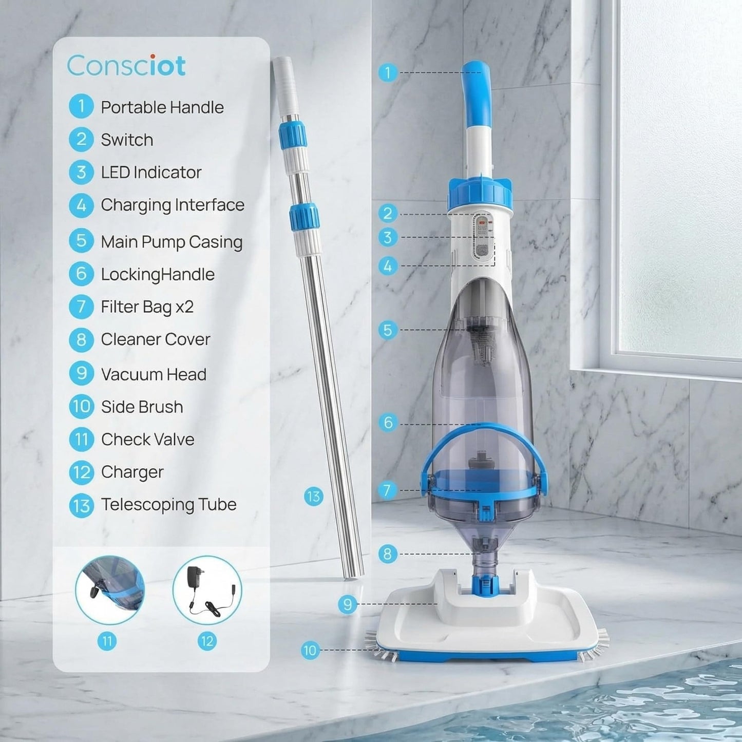 Consciot Pool Vacuum for Above Ground Pool & Inground Pool, Rechargeable Handheld Cleaner with Telescopic Pole,18.5 GPM Suction, 13.4" Head, 60-Min Runtime, for Spa & Hot Tub