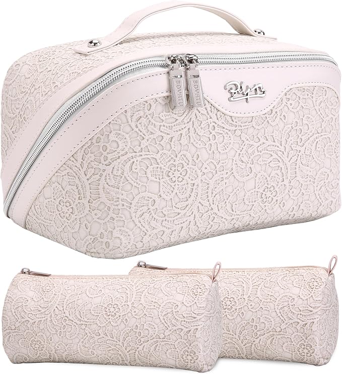 BOYATU Travel Makeup Bags Cosmetic Organizer Bag: 3 Pcs Set Large Capacity Make up Bag with Compartments - Waterproof Leather Toiletry Bags with Handle for Women (A-White)