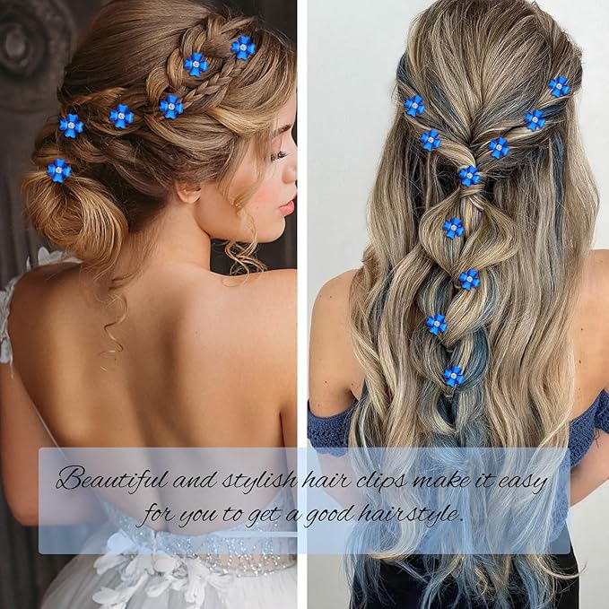 YISSION 20 Pcs Mini Dark Blue Flower Hair Clips with Rhinestone Cute Hair Pins Decorative Hair Clips Wedding Hair Barrettes Bridal Hair Accessories for Girls Women