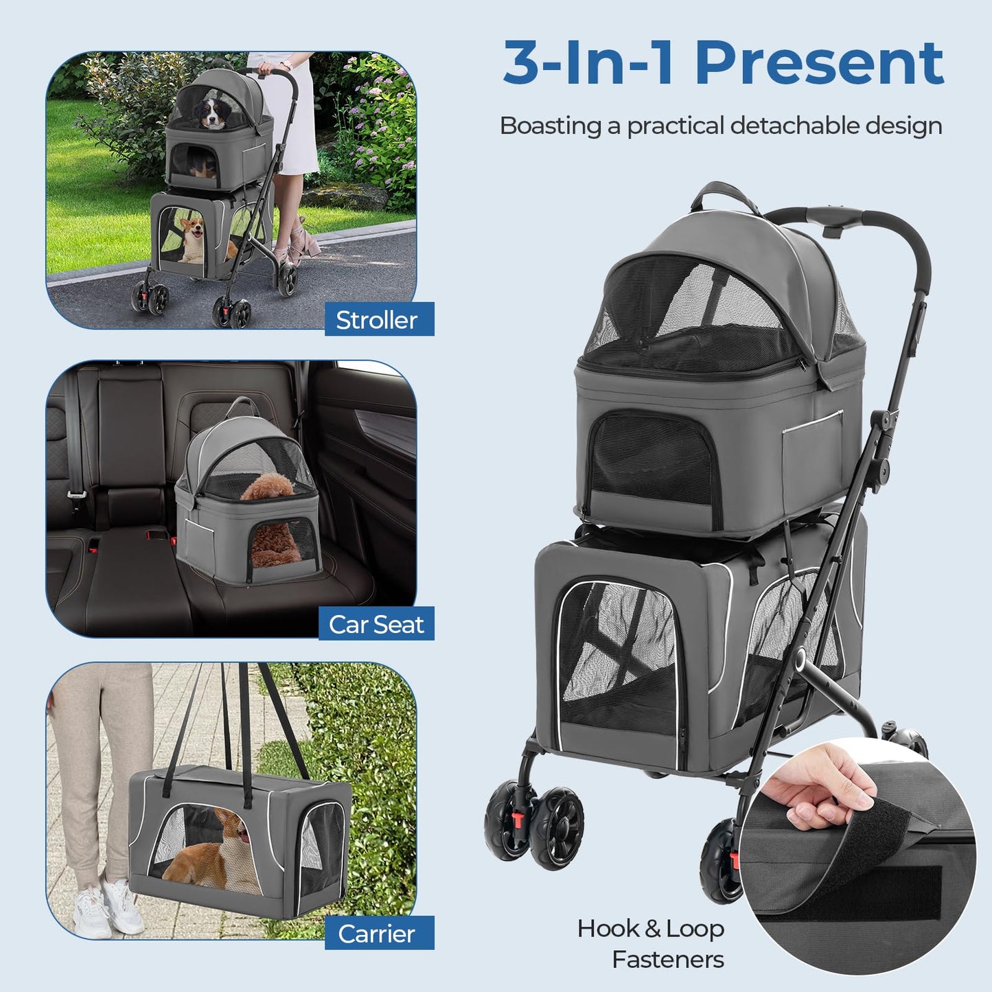 Giantex Double Dog Stroller for 2 Dogs, Detachable Carriers, Safety Belt, 4 Lockable Wheels, Pet Travel Carrier Strolling Cart, Folding Cat Stroller for Small Medium Pets Dogs (Gray)