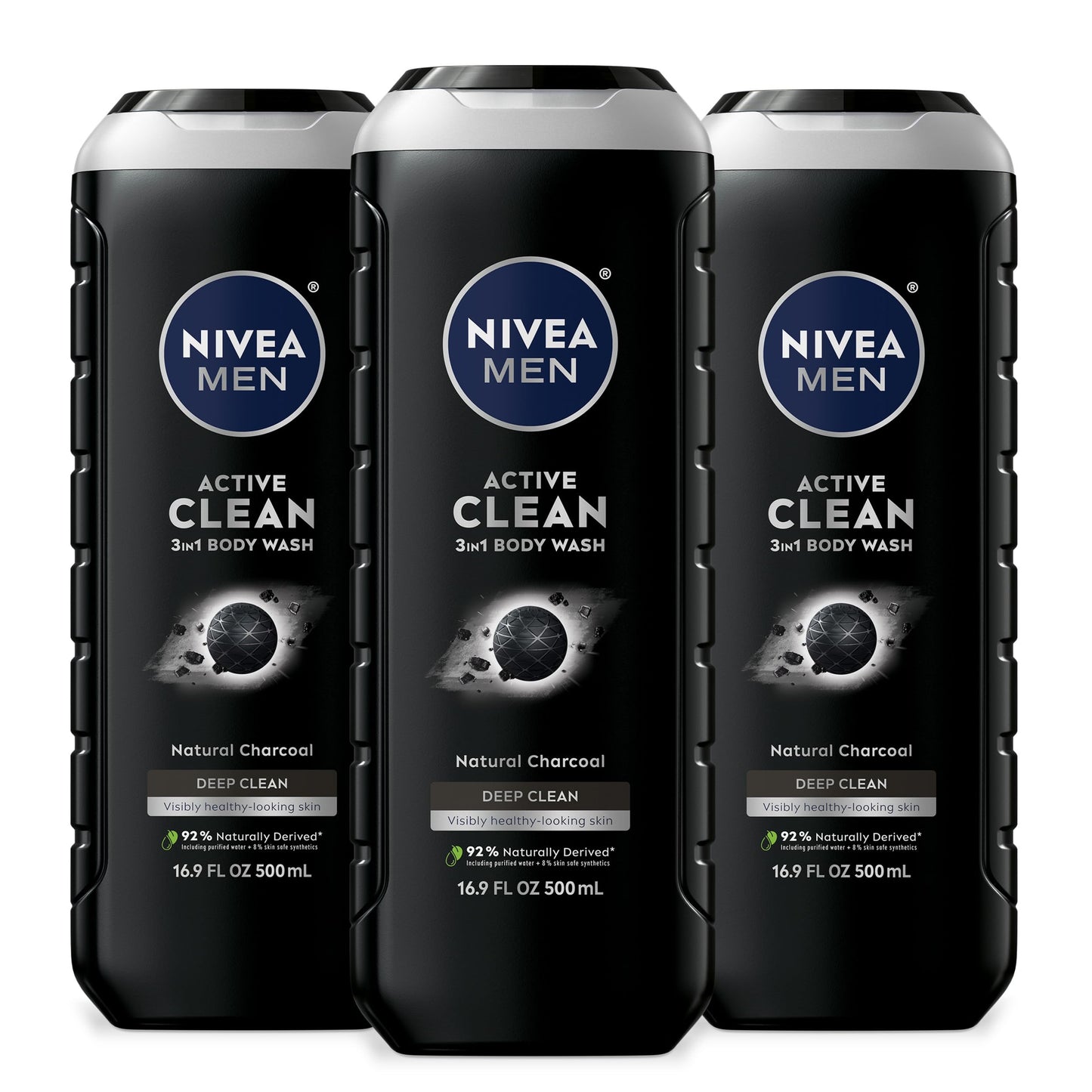NIVEA MEN Real Madrid Limited Edition Design Active Clean Body Wash with Natural Charcoal for Normal to Oily Skin, 3-in-1 Charcoal Body Wash, Face and Hair, 16.9 Fl Oz Bottle, Pack of 3