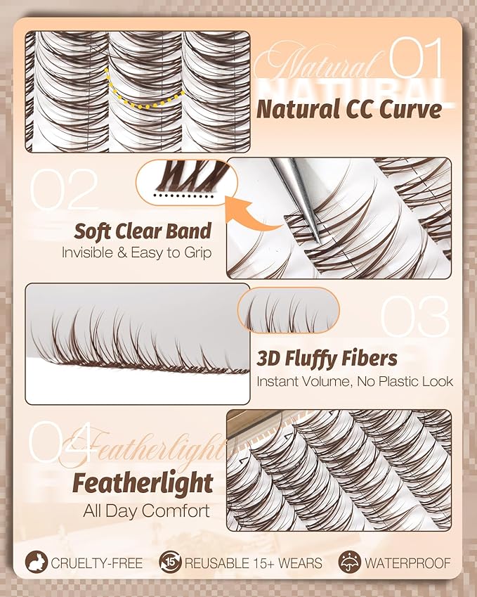 Cat Eye Brown Lash Clusters 8-12MM Natural Eyelash Clusters Pre-Mapped Fairy Cluster Eyelash Extensions Beginner-Friendly Wispy Cluster Lashes CC-Curly Clear Band Individual Lashes Short Extensions