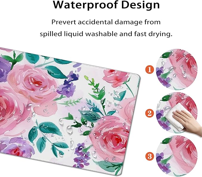 31.5?€?x11.8?€?Large Gaming Mouse Pad for Desk, Mouse Mat with Seamed Edges, Waterproof Desk Pad, Non-Slip Rubber Base, Keyboard Pad Computer Mat, Big XL Mousepad-Rose Watercolor Painting