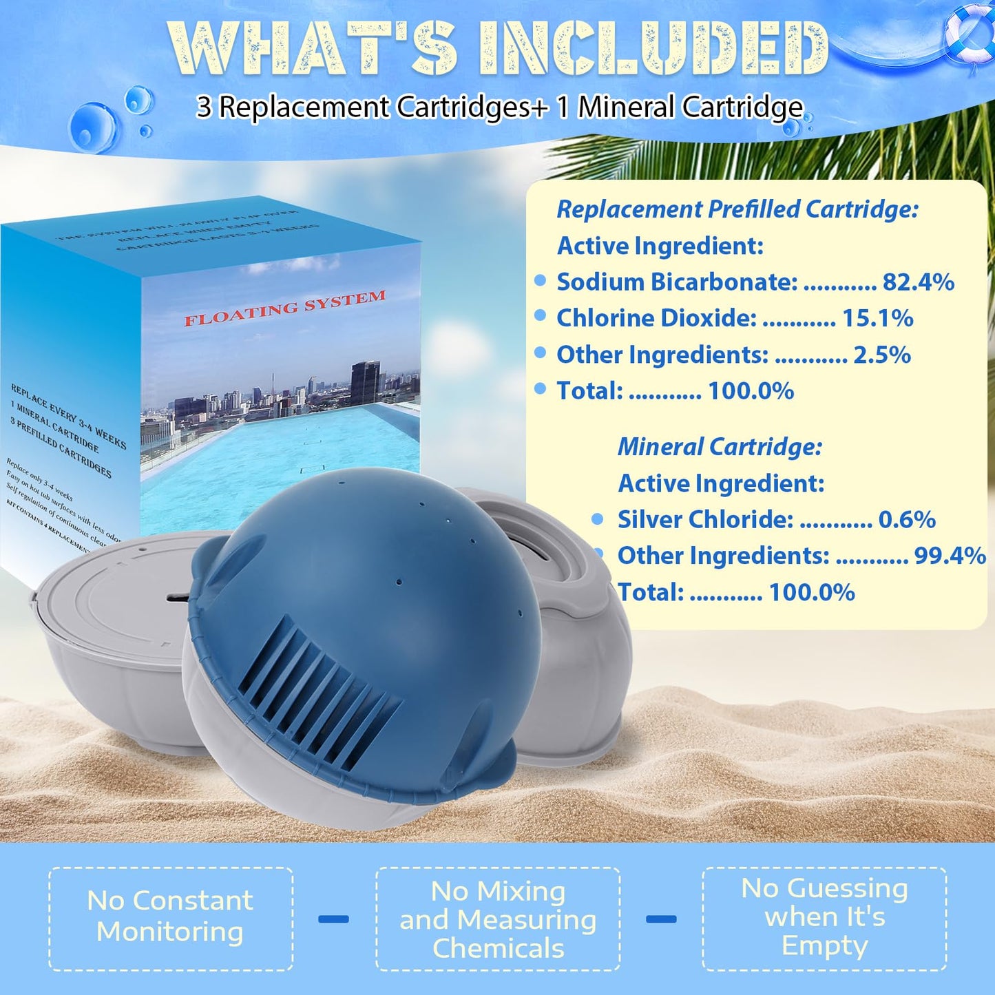 Hot Tub Floating System Mineral Cartridge + Replacement Prefilled Cartridge 3-Pack, Compatible with Frog Ease Floating System, Water Treatment Smart Self-Regulating